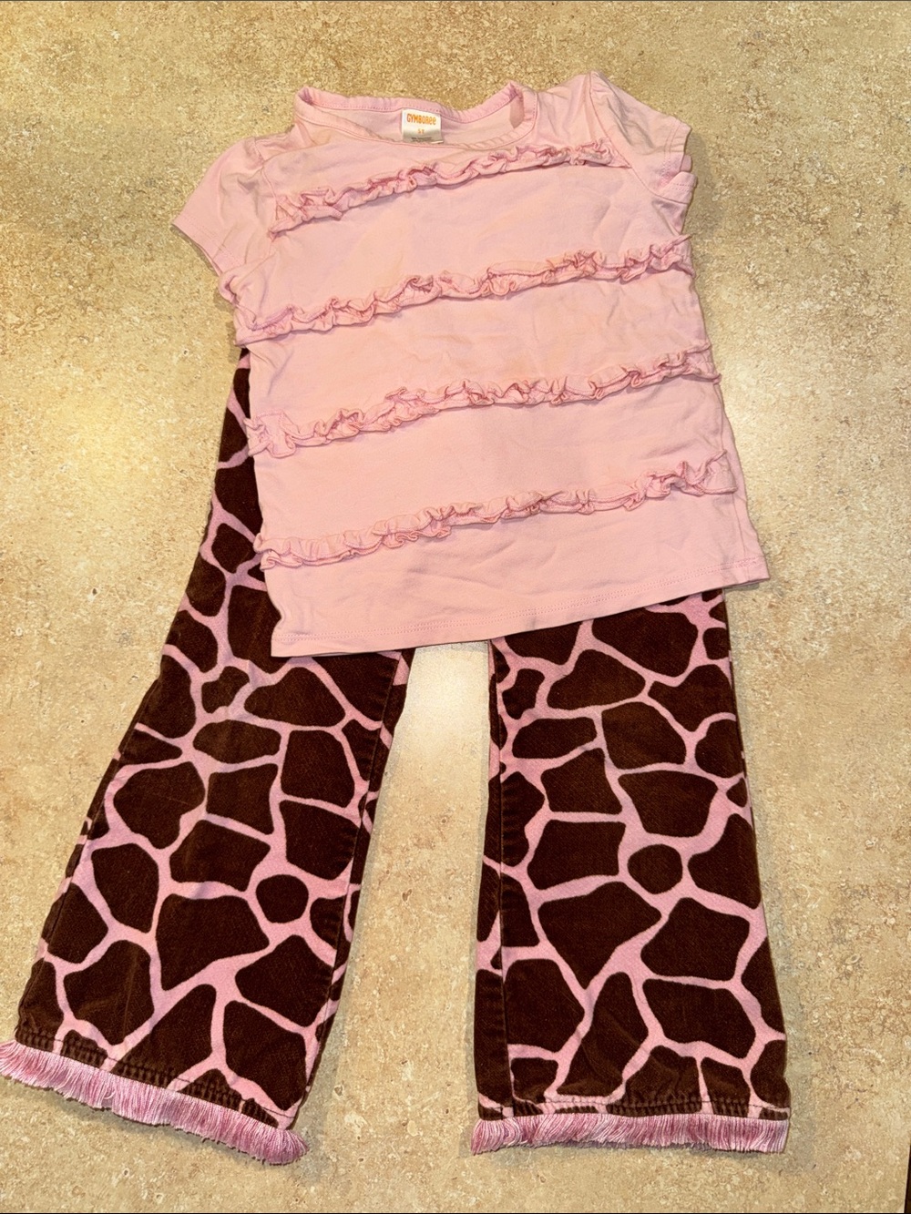Gymboree Pink Ruffle Top with Pink and Brown Giraffe Print Corduroy Bottoms.